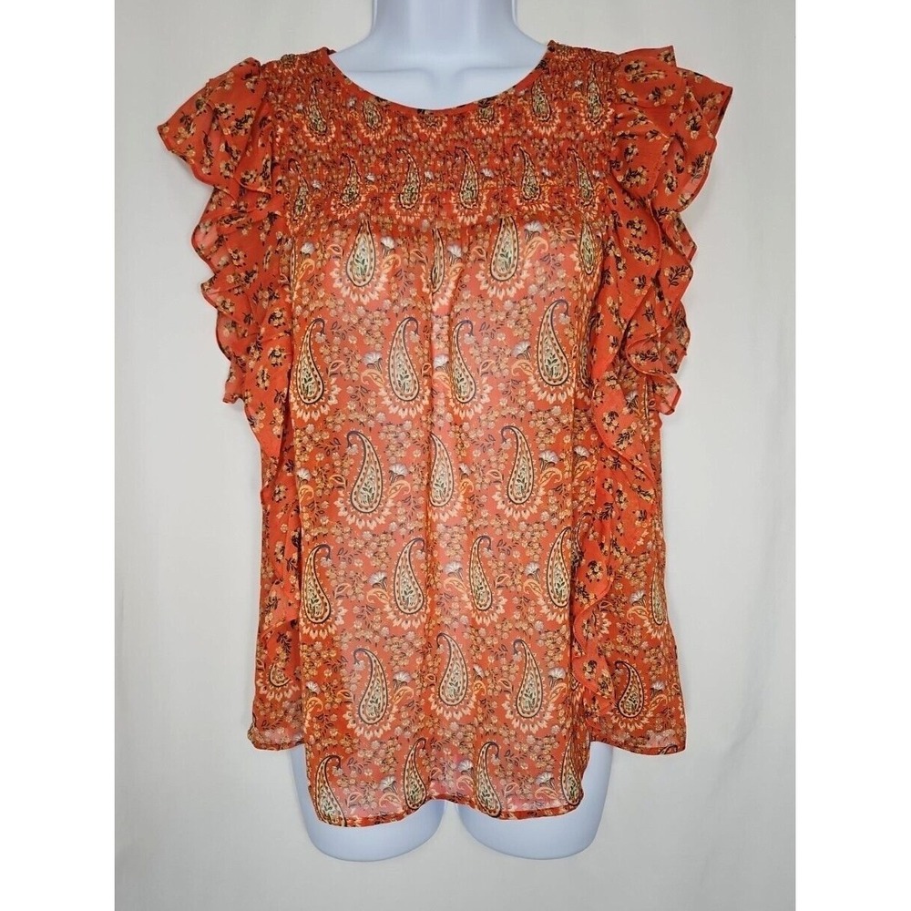 DR2 Women's‎ Orange Paisley Short Flutter Sleeve Pullover Blouse Size Small NWT